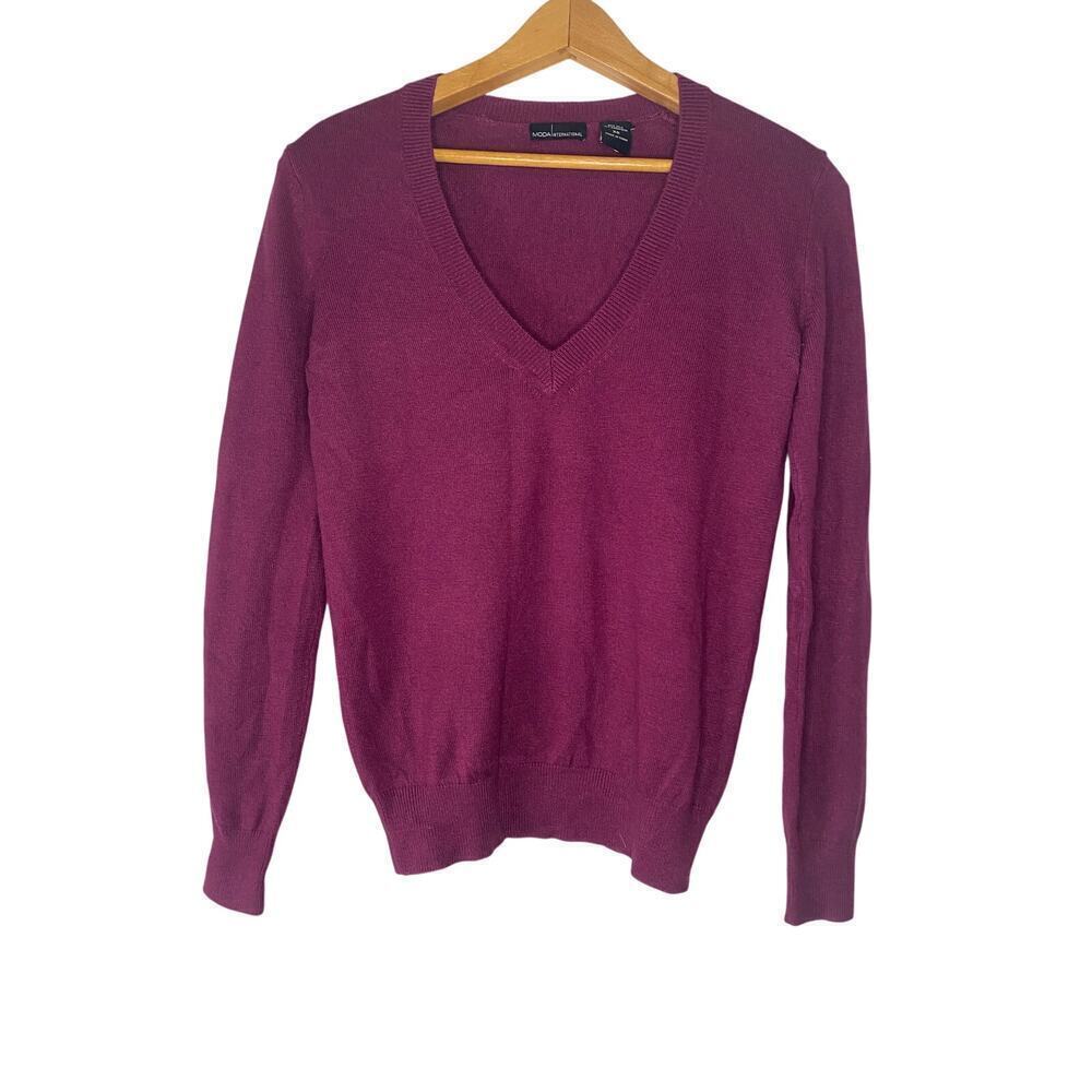 Moda International Silk Cashmere Purple V Neck Long Sleeve Sweater XS Preppy